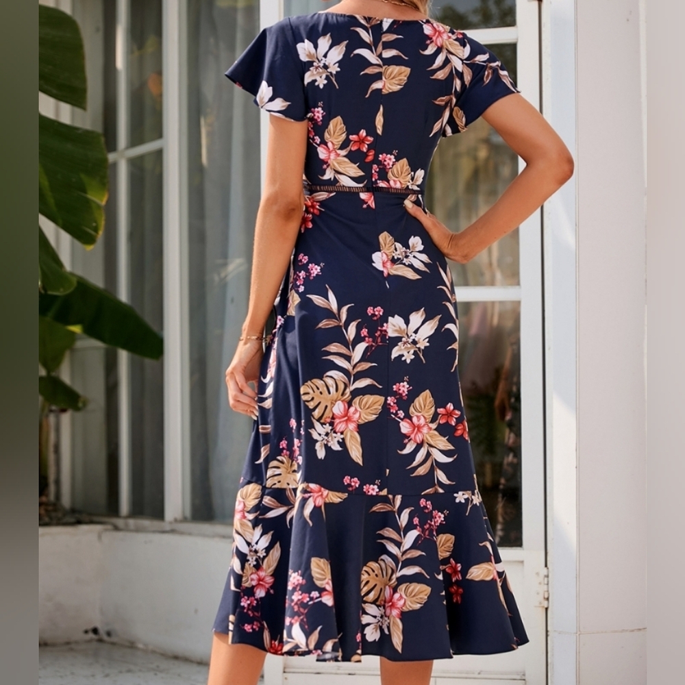 JJs House Navy Floral Midi Dress 12 NWT Ruffle Wrap Tropical Wedding Guest - Picture 8 of 12